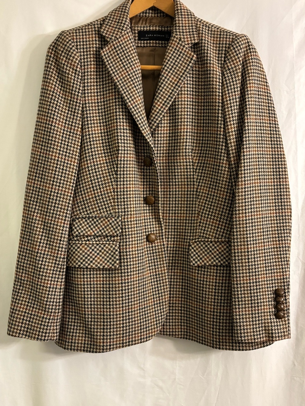Zara Brown Multi Houndstooth Wool Blazer